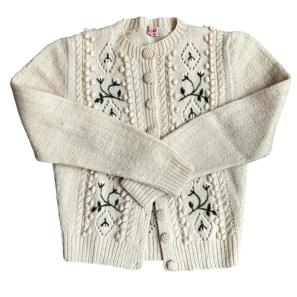 Vintage Hand Knitted Pure Wool Cardigan Sweater Cable Knit & Embroidery Ladies S - Picture 10 of 10